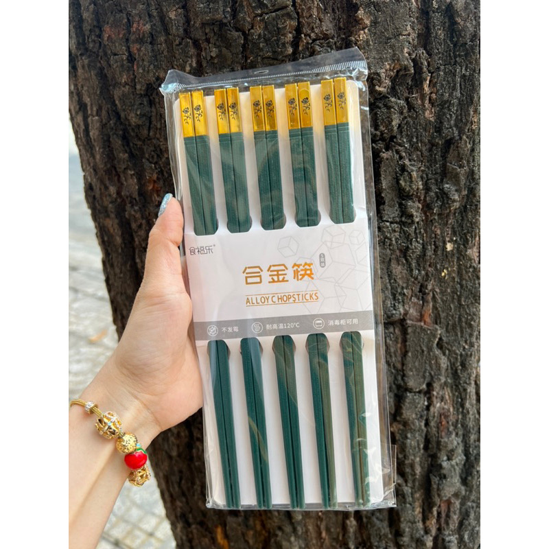 5 đôi đũa melamin xanh hình hoa hồng