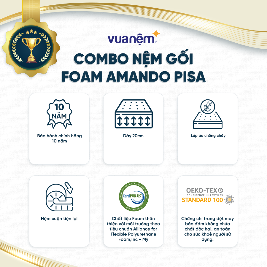 Combo cao cấp Đệm Gối Foam Amando Pisa mềm mại, êm ái, nâng đỡ và ôm sát cơ thể