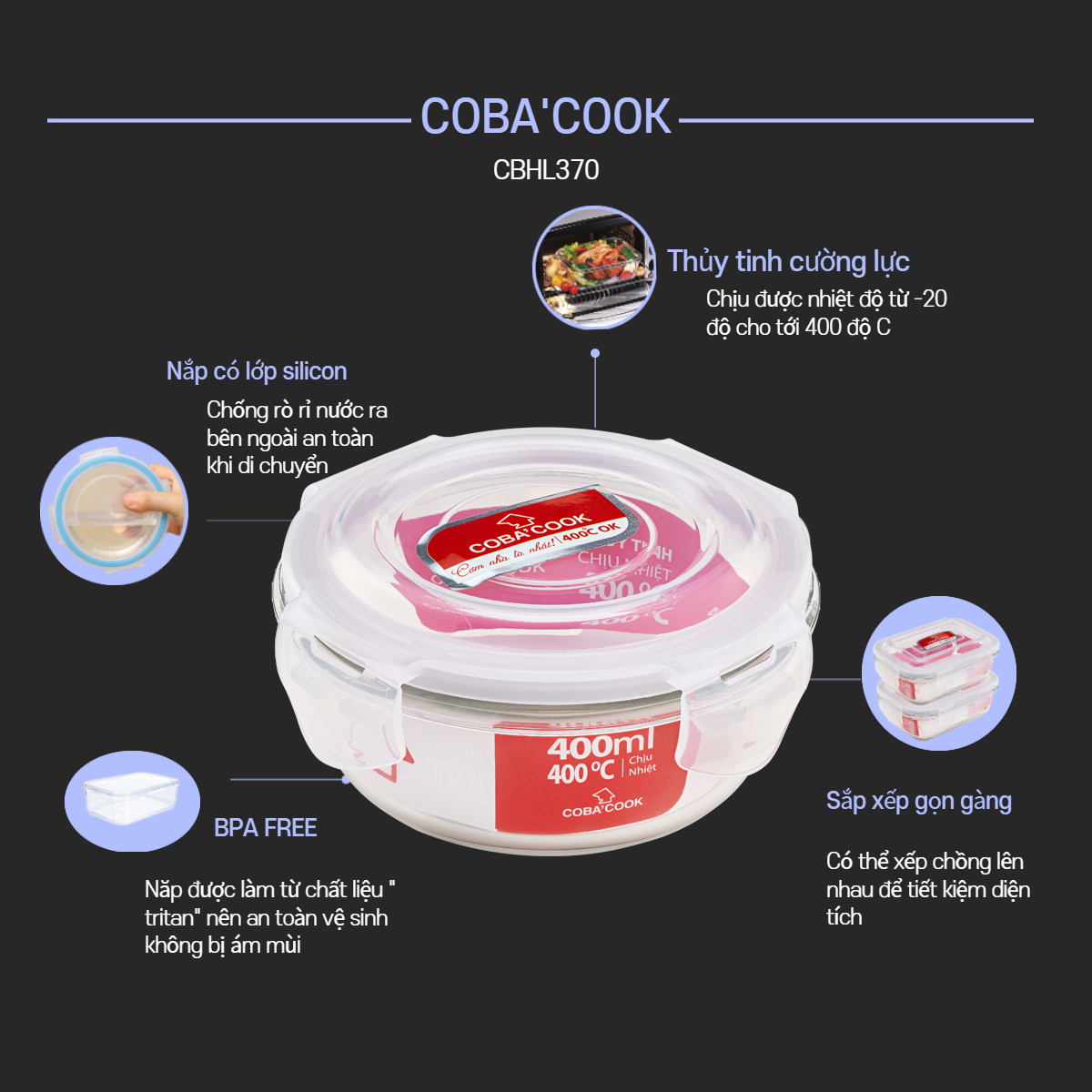 Bộ 6 hộp thủy tinh hình tròn 400 ml COBACOOK- CCR46