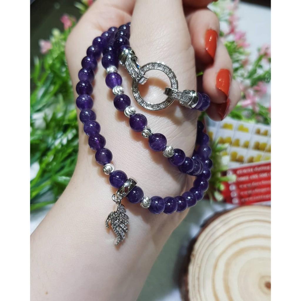 Vòng tay quấn 3 vòng thời trang tím đậm mix charm hợp kim mạ trắng cao cấp