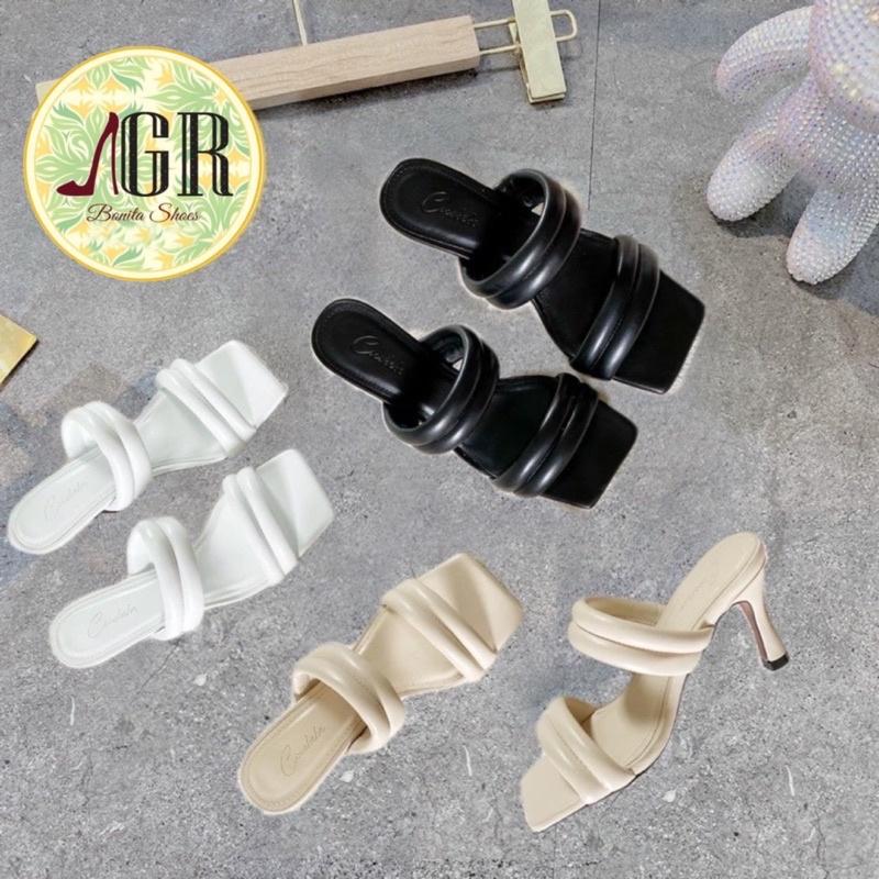 Guốc 2 quai ngang sọc phồng gót nhọn 6p