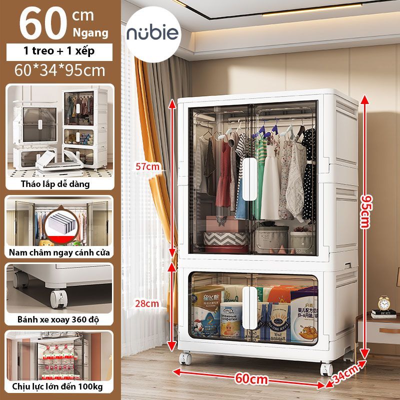 Tủ Nhựa Gấp Gọn Nubie Ngang 60/70/80cm Có Ngăn Treo Quần Áo, Đựng Đồ Dùng Size Lớn, Bánh Xe Xoay