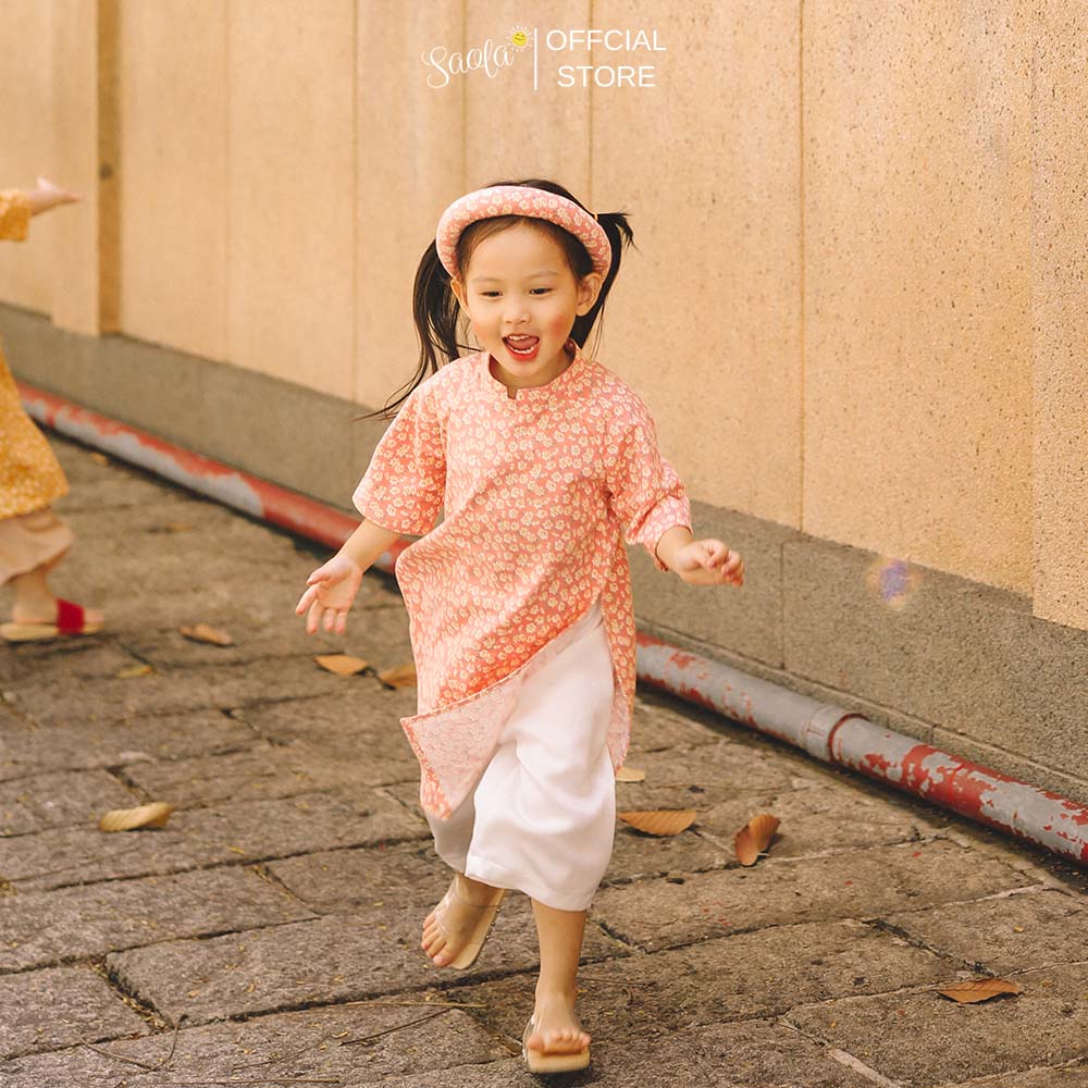 Áo Dài Tết Cách Tân Cho Bé Gái Hoạ Tiết Hoa Nhí [Tặng Kèm Mấn] - Áo Dài &quot;Bình&quot; - AD005 - SAOLA KIDS CLOTHING