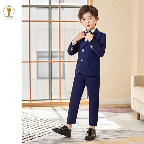 Set, Bộ Vest Xanh Đen Trẻ Em TRAZ Bé Trai, Con Nít(1 quần, 1 áo vest, 1 ghile, 1 nơ)Bé Mập Cao Tăng 1, 2 Size