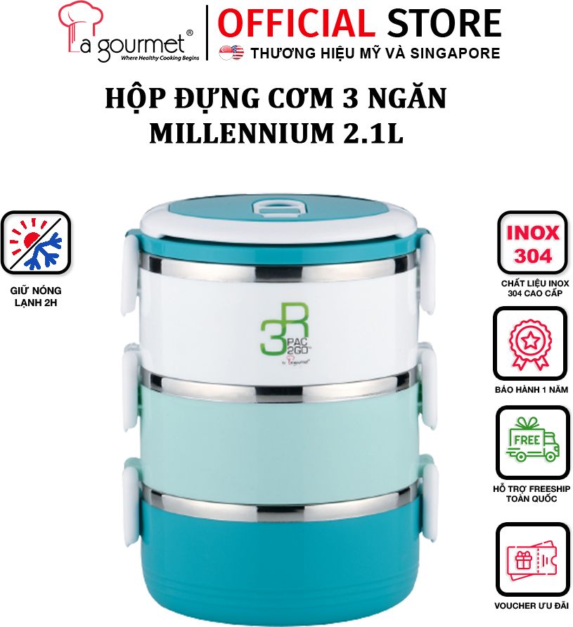 Camen Đựng Cơm La Gourmet Millennium 3 Ngăn 357120 - Xanh 2.1L