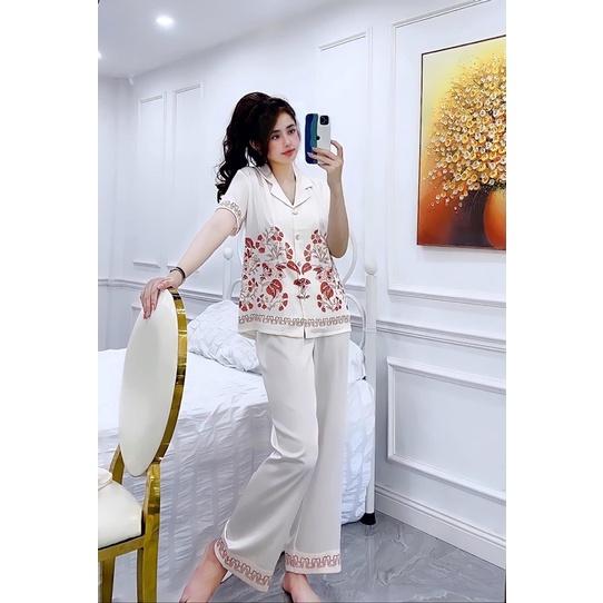 PIJAMA CỘC DÀI HOẠ TIẾT HOA LÁ QUẢNG CHÂU CAO CẤP