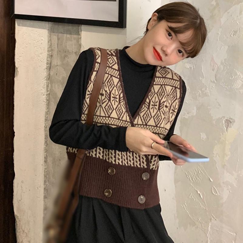 Áo Khoác Ghi Lê Len Cardigan Không Tay Dáng Rộng Phong Cách Retro Cho Nữ