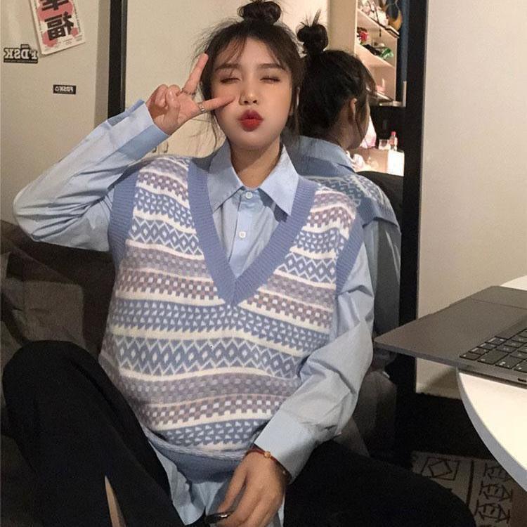 áo gile len kèm áo sơ mi hàn quốc ulzzang nữ dáng rộng cổ v thời trang nam nữ có tách lẻ - 094