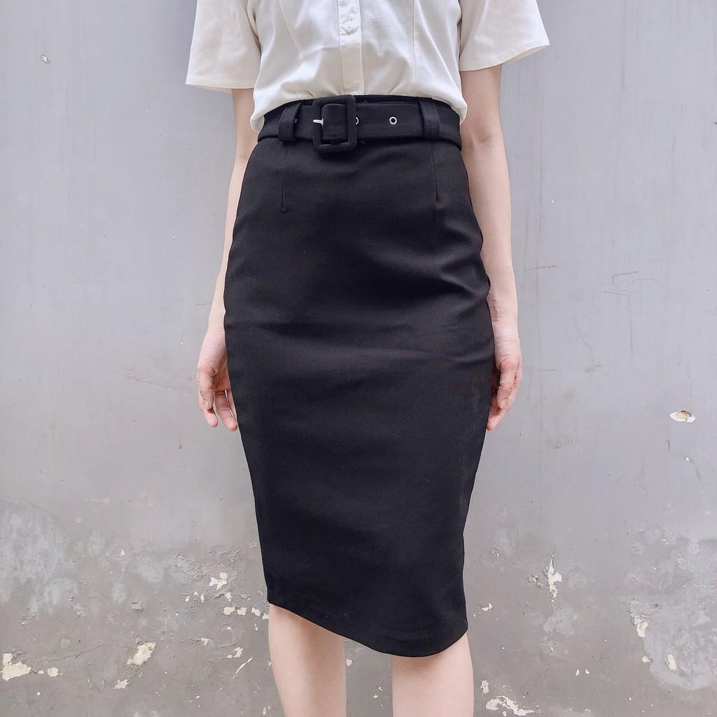Chân váy công sở dài bigsize kèm belt màu đen dài 63cm CR63V39