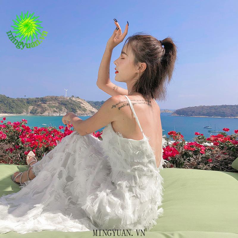 Đầm Voan Hai Dây Phối Lông Vũ Xinh Xắn Dành Cho Nữ