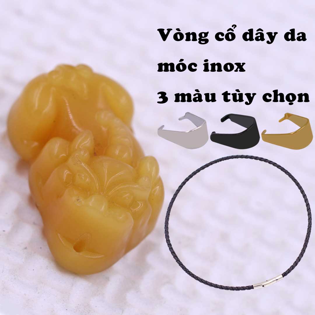 Mặt dây chuyền tỳ hưu đá vàng 3.1 cm kèm vòng cổ dây da đen + móc inox vàng, mặt Tỳ hưu