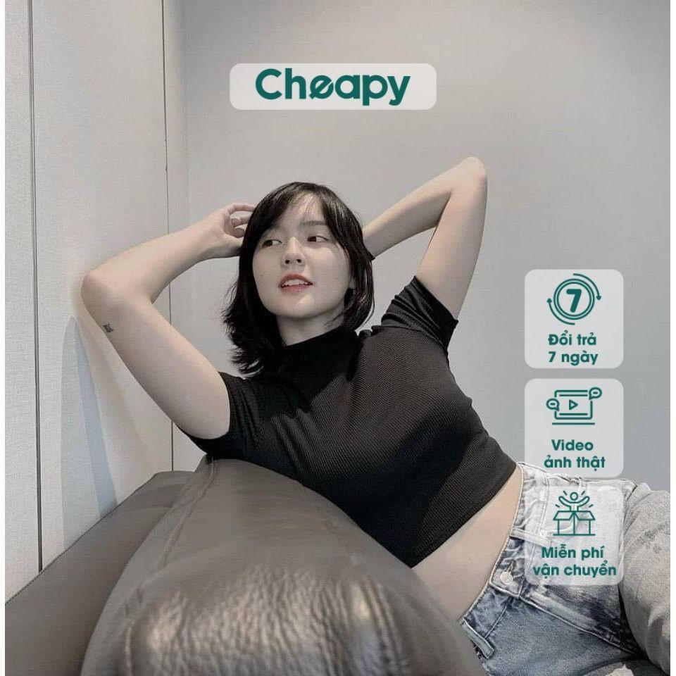 Áo croptop cộc tay cổ 3cm ôm body dáng trơn 2 màu trắng đen basic