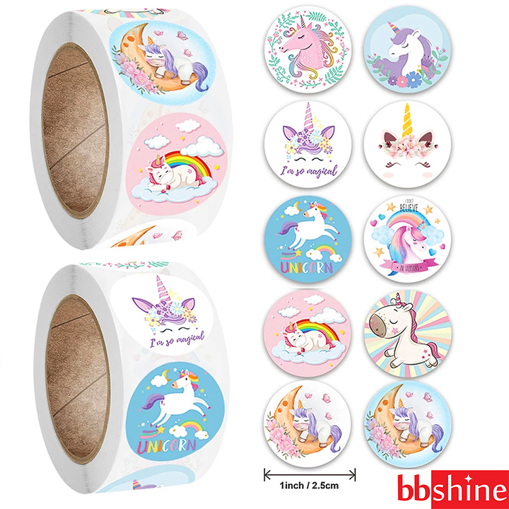 Sticker khen thưởng cho bé, cuộn 500 sticker Unicorn với nhiều họa tiết đáng yêu cho bé trang trí tập sách và góc học tập  – SST014