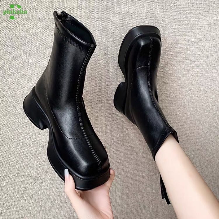 Bốt Nữ Đế Bánh Mì Boots Da Mềm Lót Nỉ Khóa Sau Cao Cấp Boot Mũi Tròn Thời Trang Đế Độn PINKAHA-GB20
