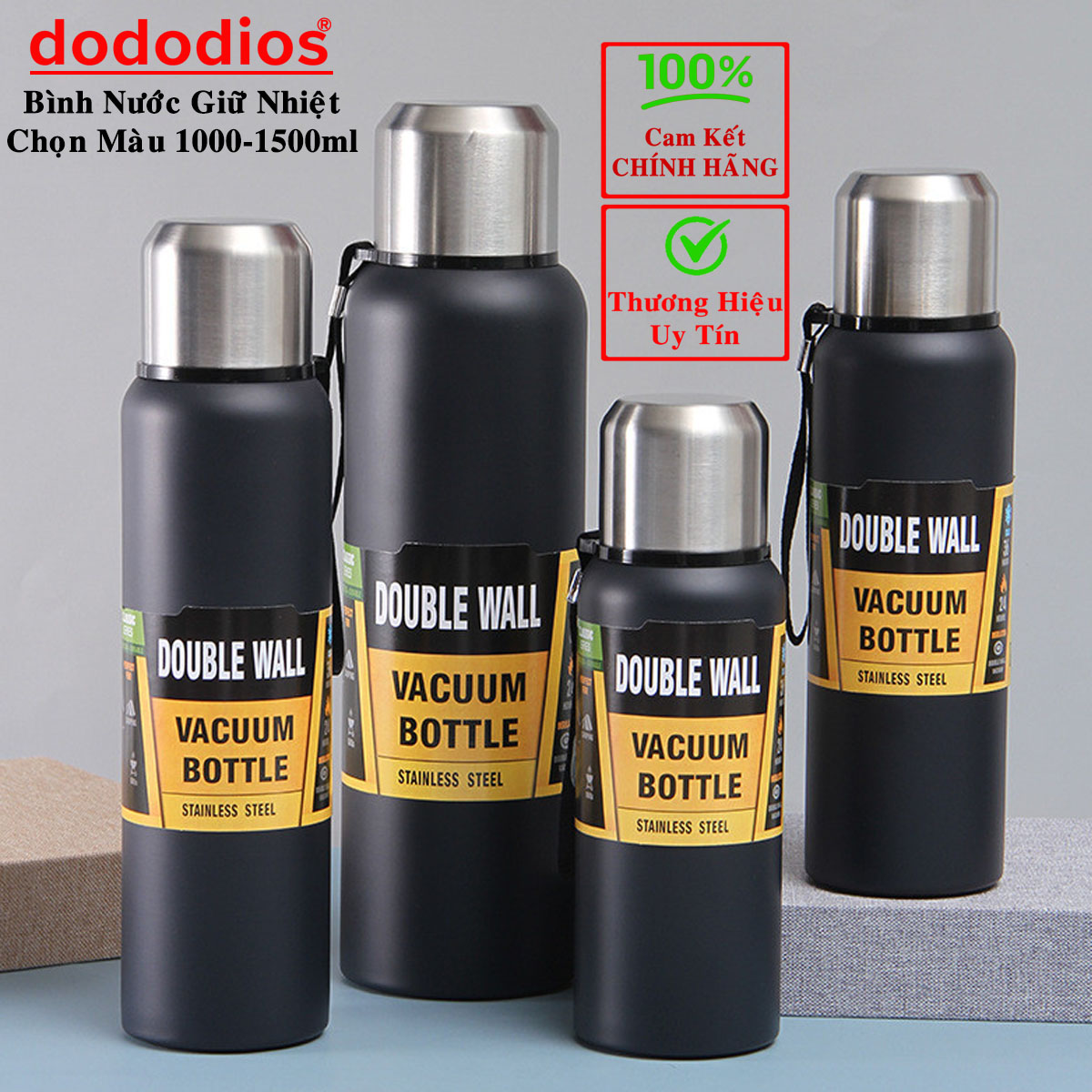 Bình Nước Giữ Nhiệt Dung Tích 1000 - 1500Ml Inox Giữ Nhiệt Nóng Lạnh 8 - 12 Tiếng Có Nắp, Lưới Lọc Trà, Ly Nước Bình Giữ Nhiệt Cute Hãng Dododios - Màu Đen - 1500Ml