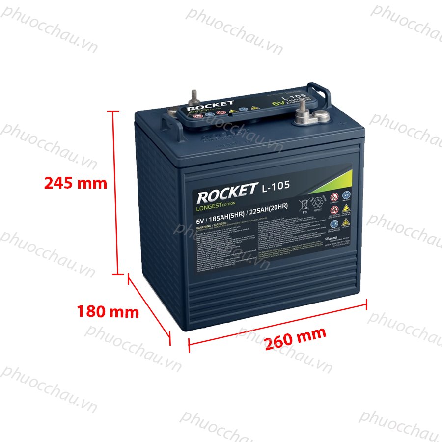 Ắc quy xe golf, ắc quy Rocket L-105 (6V-225Ah), ắc quy xe điện du lịch