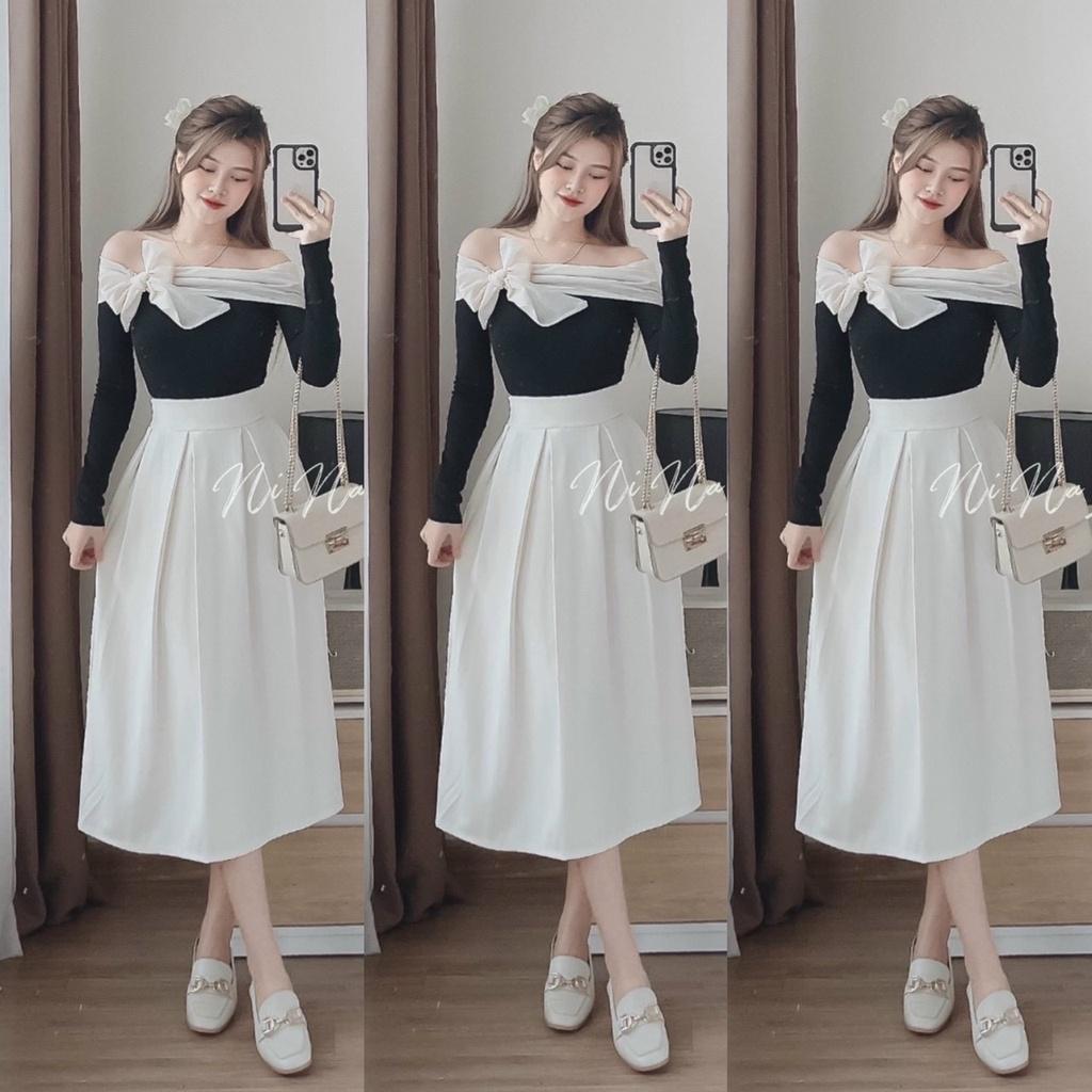 FREE SHIP váy áo tay dài phối nơ trên vai cực xinh kèm chân váy dáng xòe xếp ly tôn dáng sang chảnh KIM GIA DS