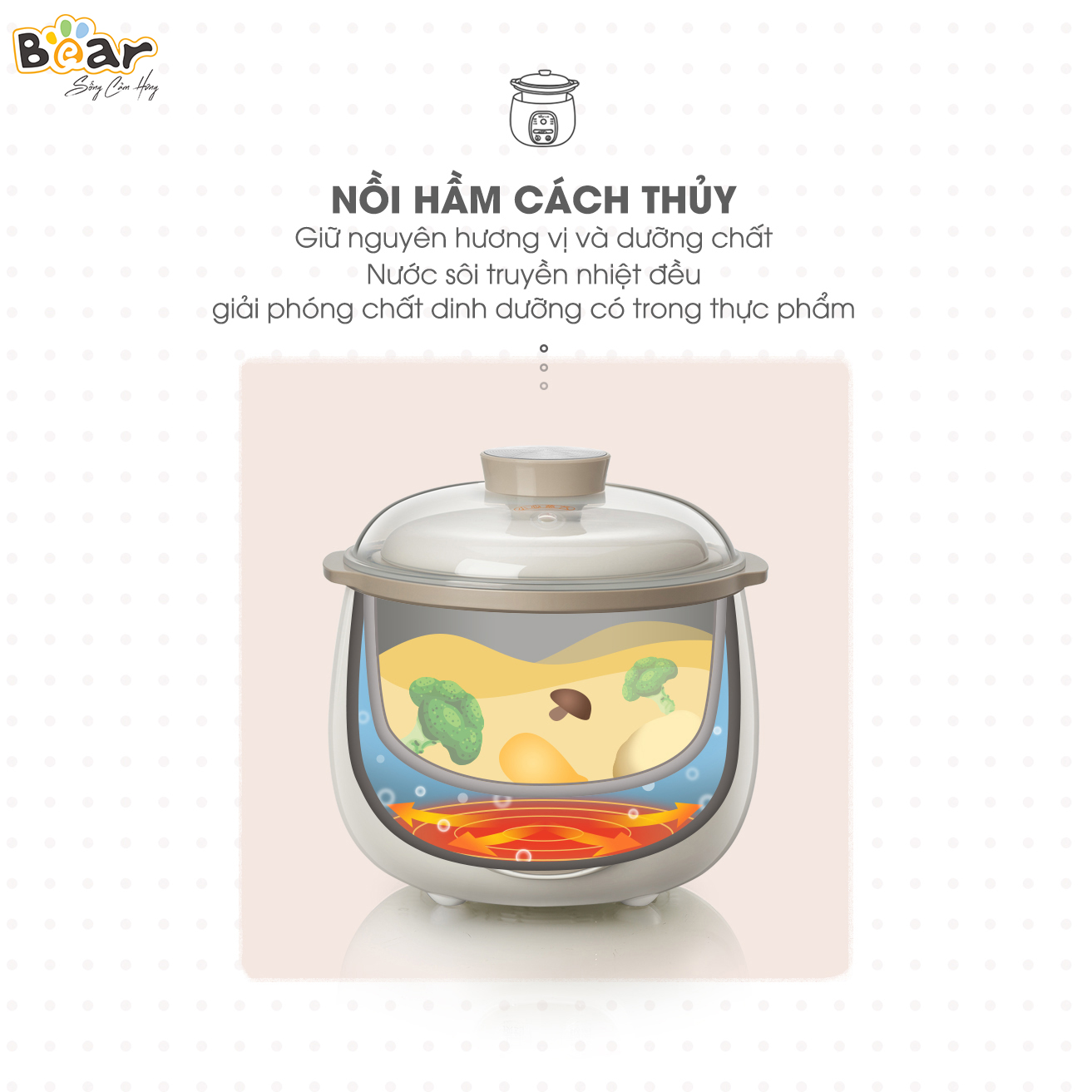 [Hàng Chính Hãng] Nồi nấu chậm Bear 0,8L SUBE001 (có lồng hấp). Đủ 3 màu: Vàng, hồng, nâu. sử dụng để Nấu, hấp, hầm cách thủy, giữ 100% giá trị dinh dưỡng có ruột nồi bằng sứ cao cấp