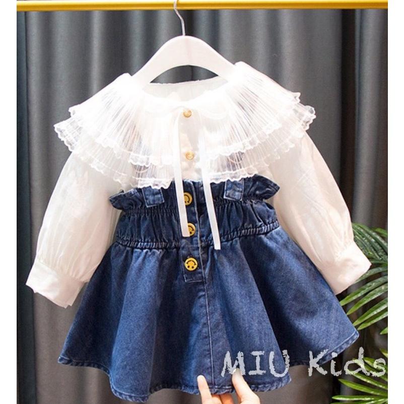 Set váy yếm bò và áo sơ mi voan công chúa cho bé gái mùa hè