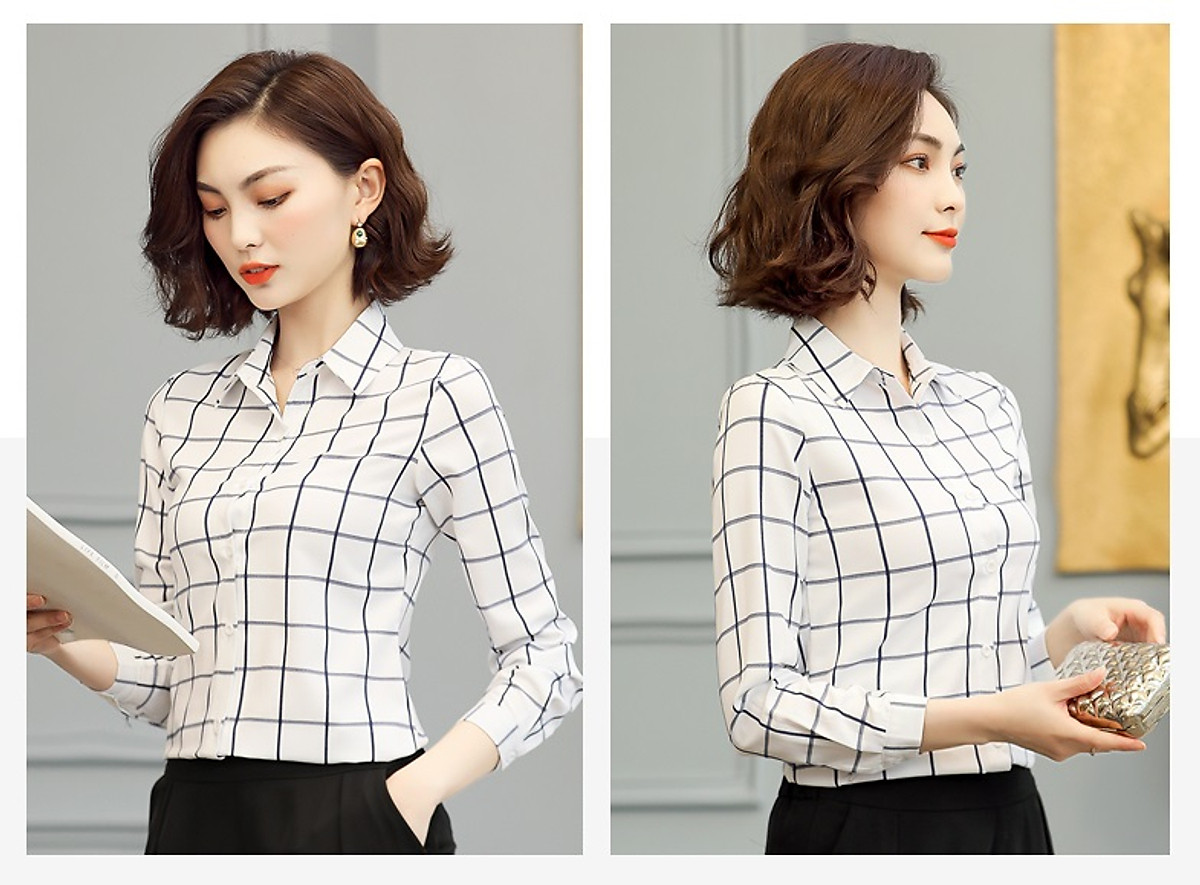 Áo sơ mi nữ công sở kẻ sọc caro thiết kế tay dài phong cách thời trang công sở Hàn Quốc Mã 11