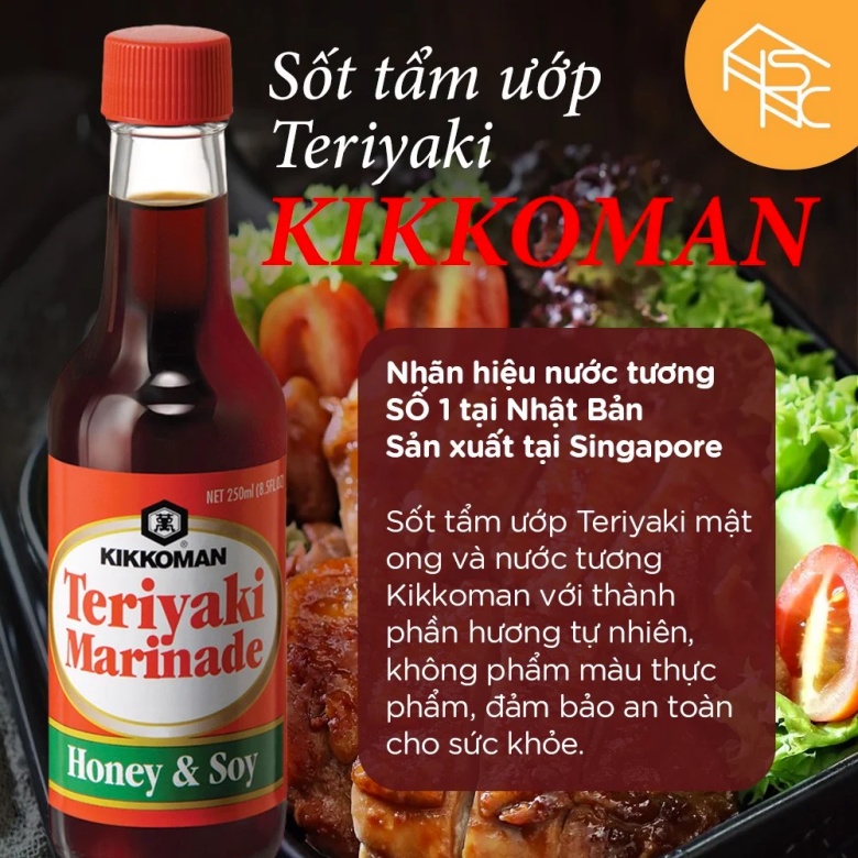 Sốt tẩm ướp Teriyaki Mật Ong &amp; Nước tương Kikkoman 250ml