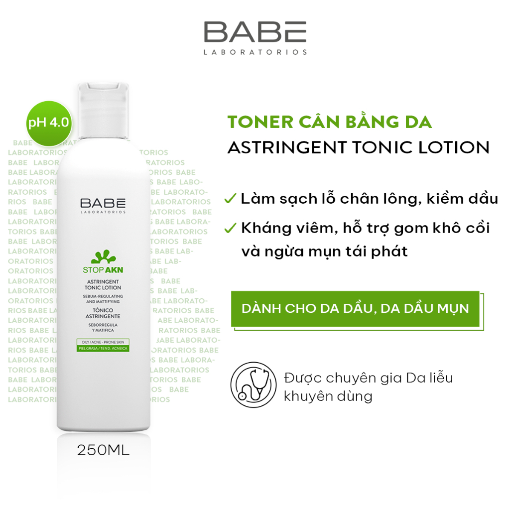 Toner cân bằng dầu nhờn, hỗ trợ giảm mụn, se khít lỗ chân lông BABE Stop AKN Astringent Tonic Lotion 250ml