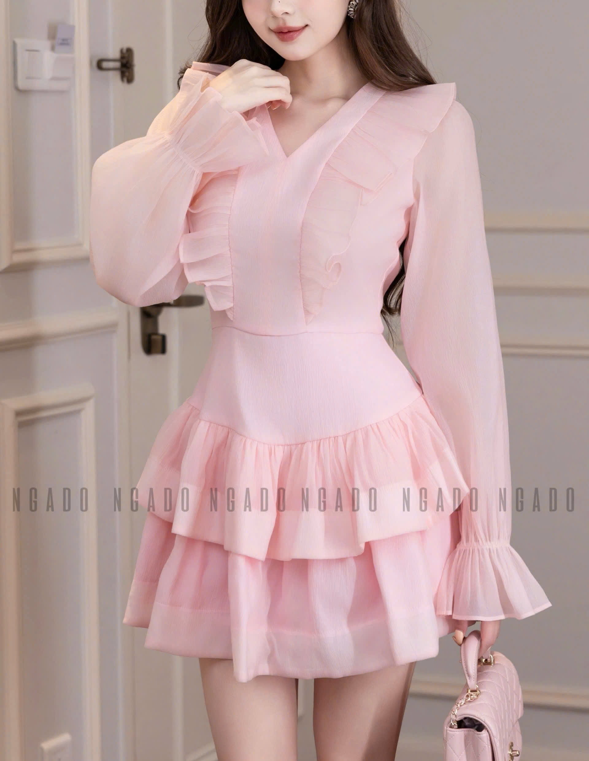 Đầm hồng tay voan NGADO , đầm voan , đầm nữ , đầm dự tệc, dạo phố