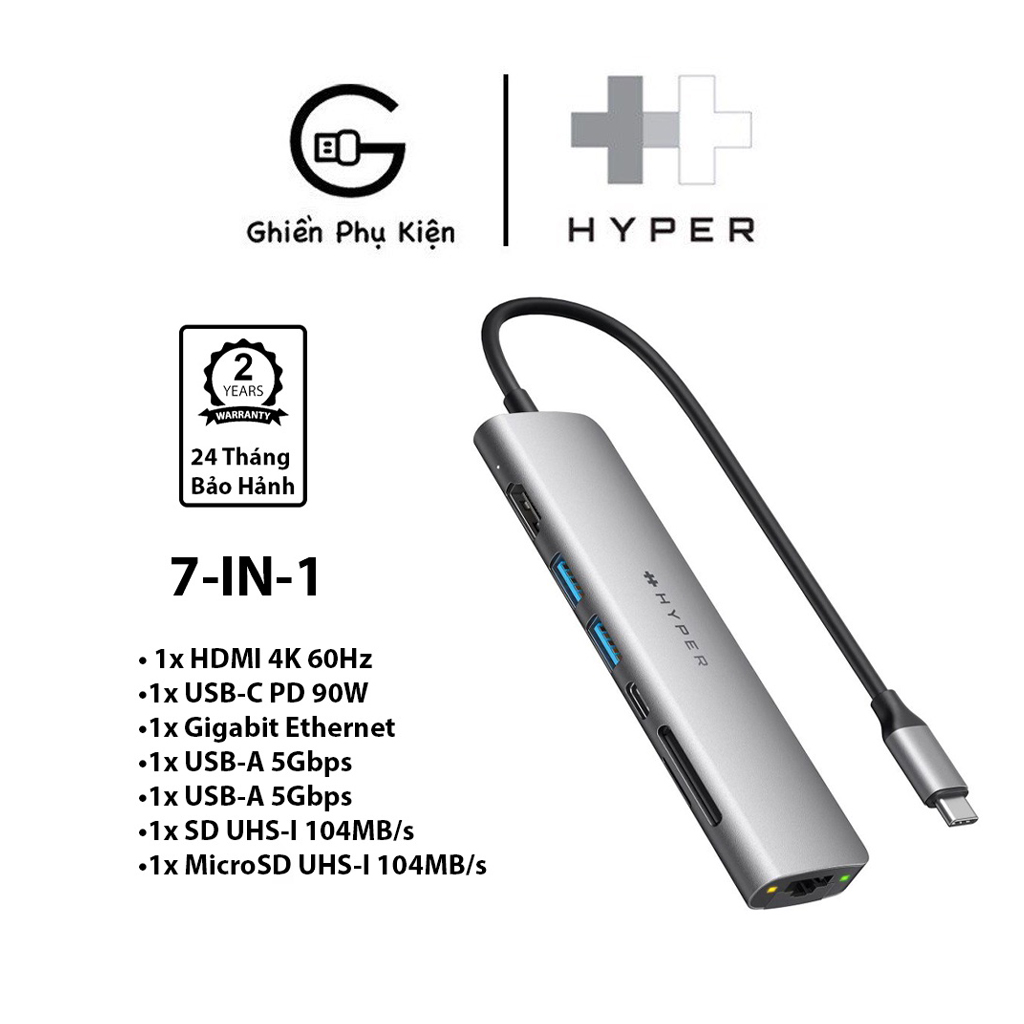 Hub HyperDrive HD22H Slab 7IN1 Cổng Chuyển Type C Dành Cho Macbook/Surface/PC/DEVICES - Hàng Chính Hãng