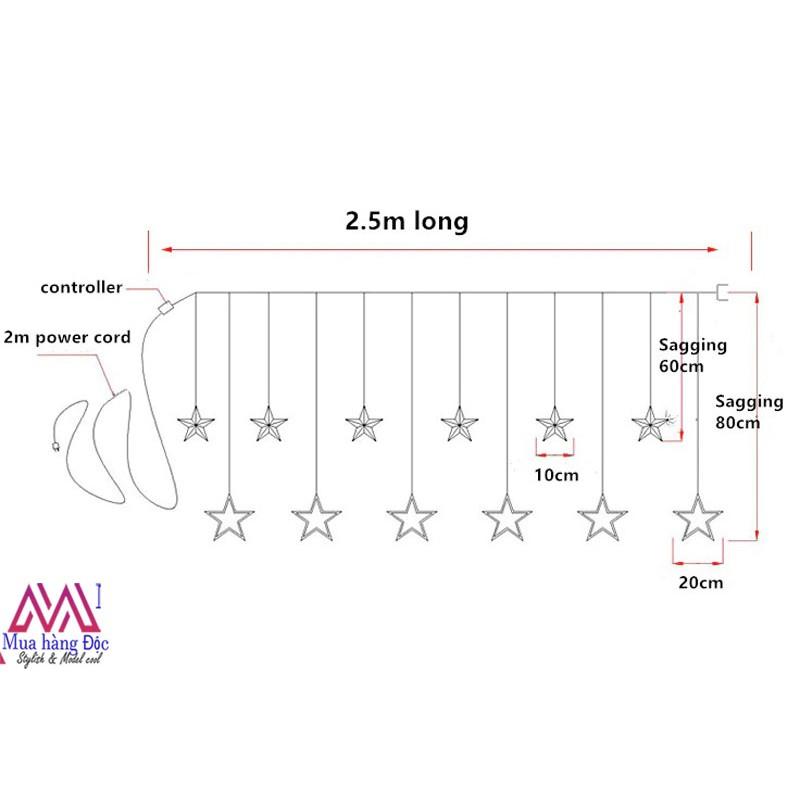 Đèn rèm thả ngôi sao trang trí ngang 2,5 mét cao 85cm cắm điện