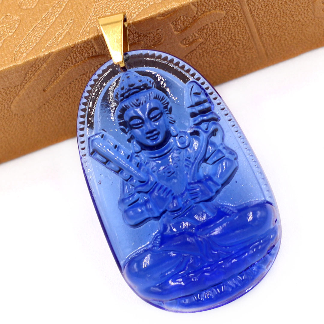Mặt Phật Hư Không Tạng Bồ Tát pha lê xanh dương 5cm - phật bản mệnh tuổi Sửu, Dần - Móc inox