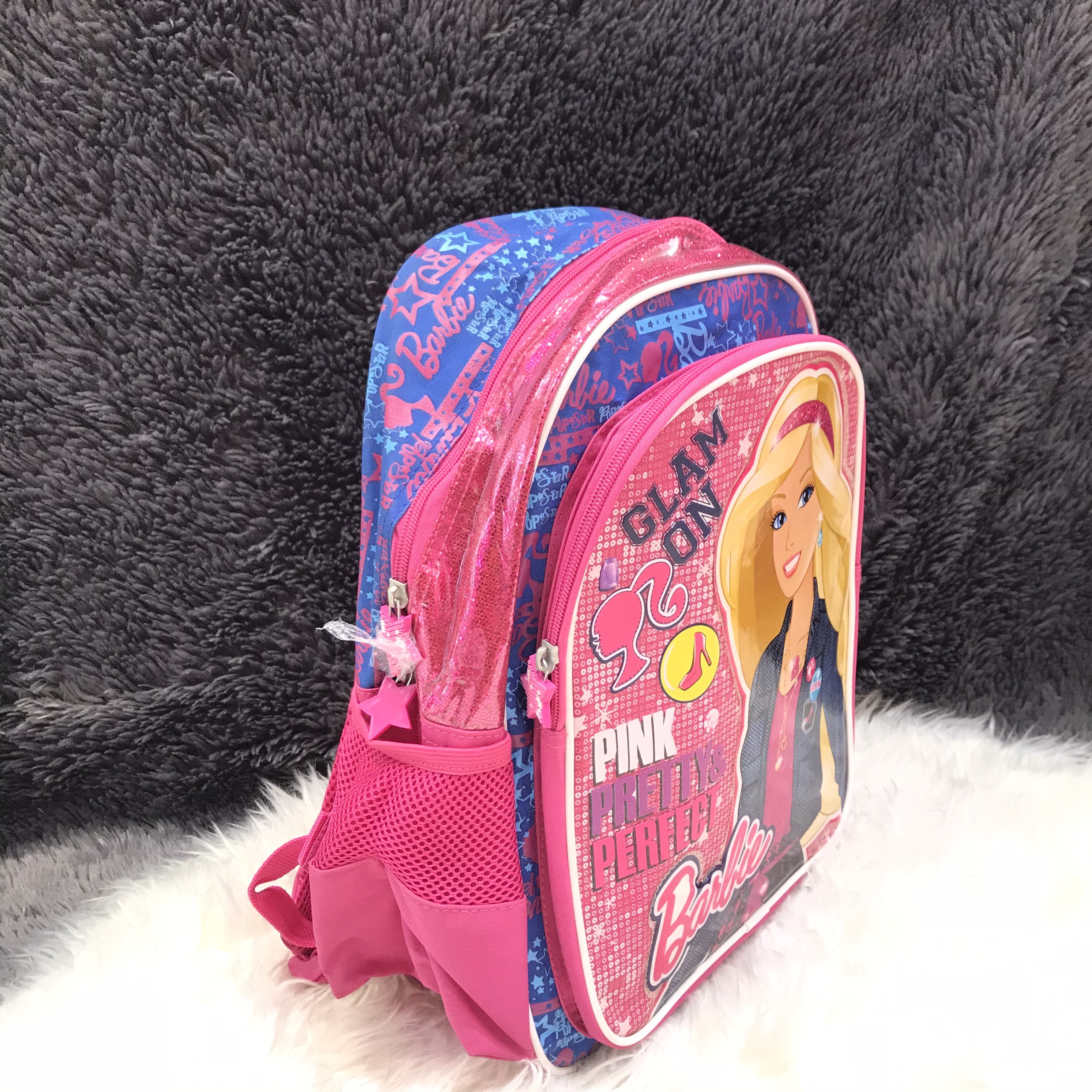 Balo trẻ em 15'' cao cấp hình Barbie hồng viền xanh lấp lánh - BLBBHVX -