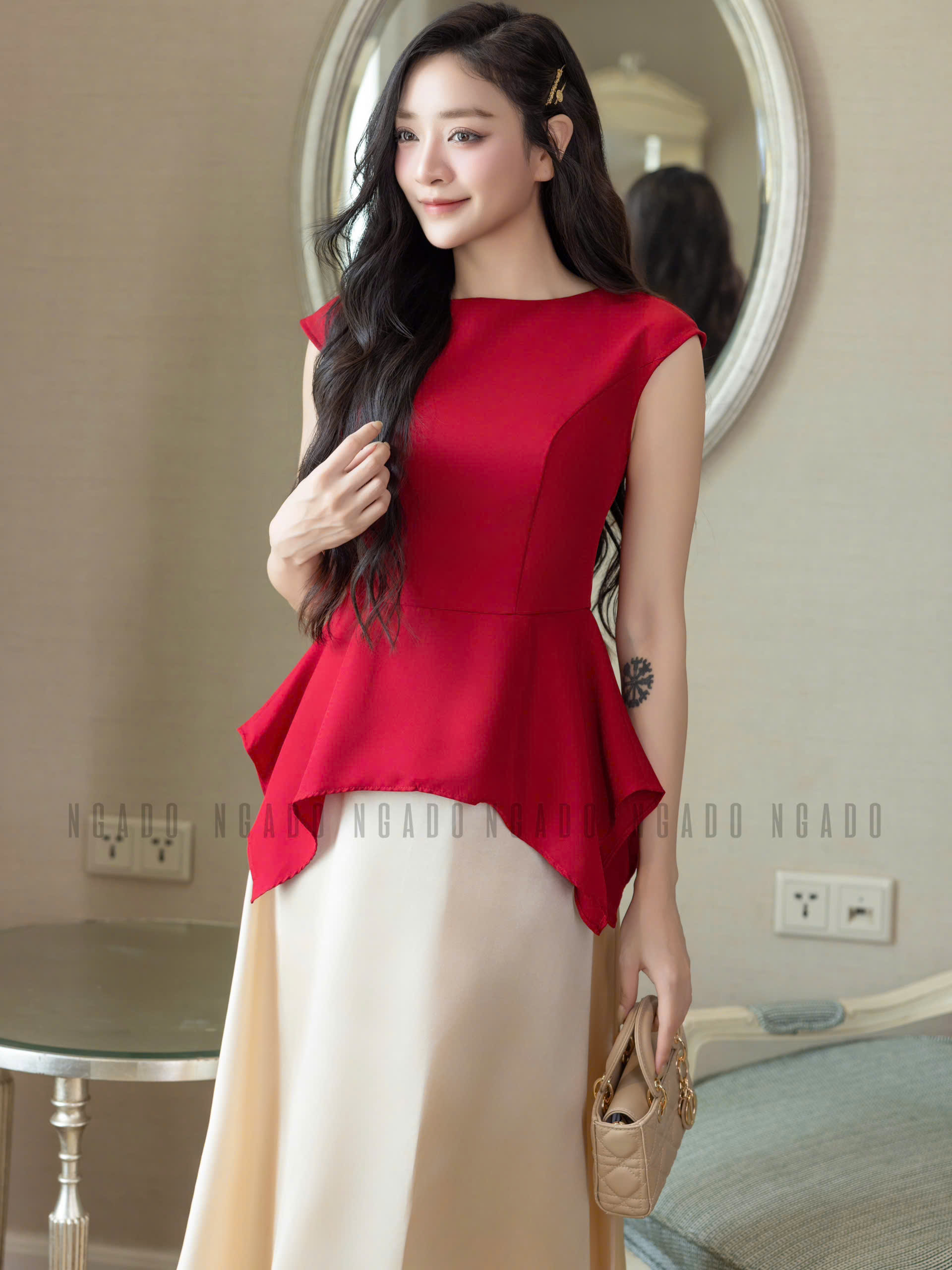 Áo đỏ vạt lệch NGADO , áo ngắn , áo dự tiệc , dạo phố