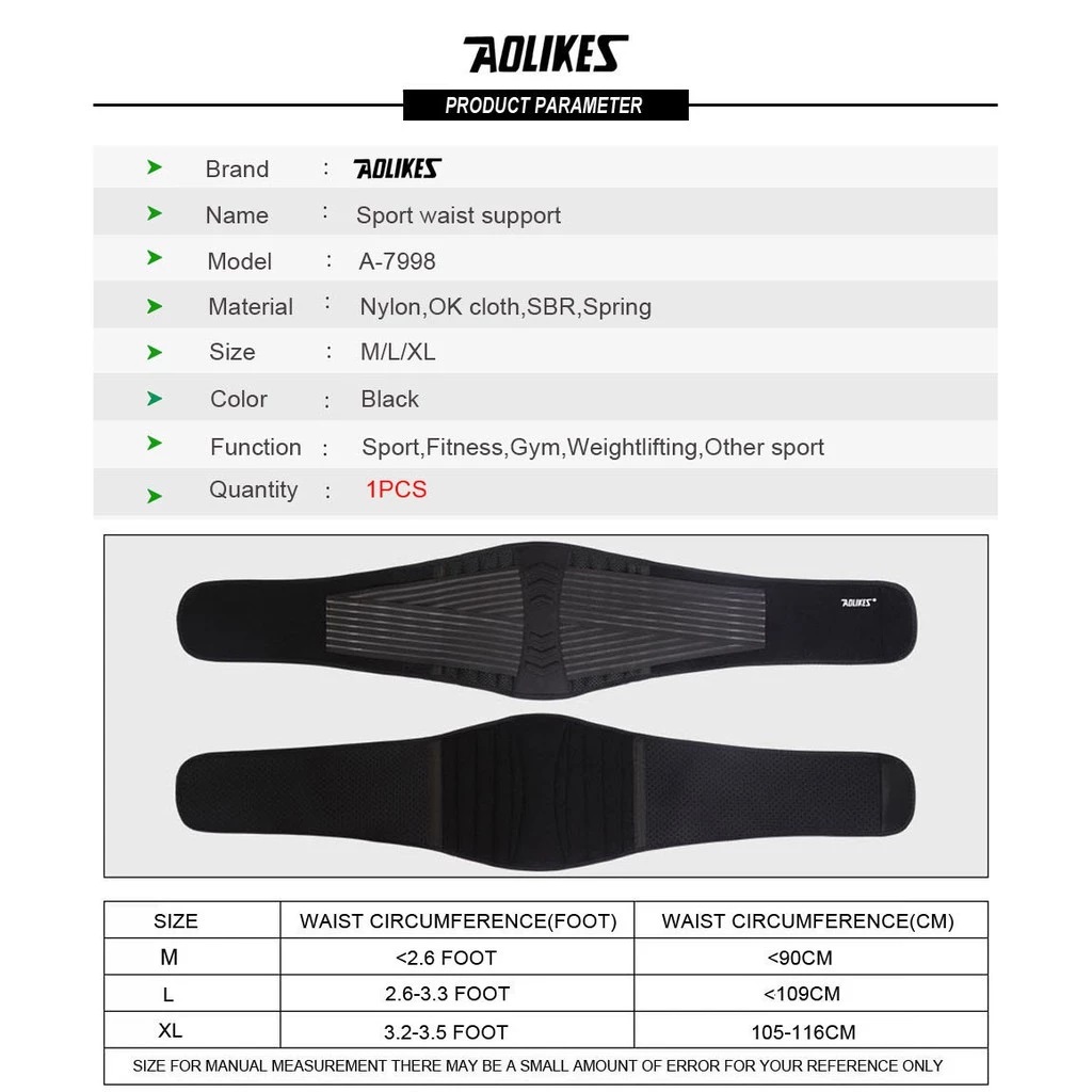 Đai lưng tập gym AOLIKES A-7998 có thanh thép đàn hồi nâng đỡ bảo vệ cột sống sport waist support