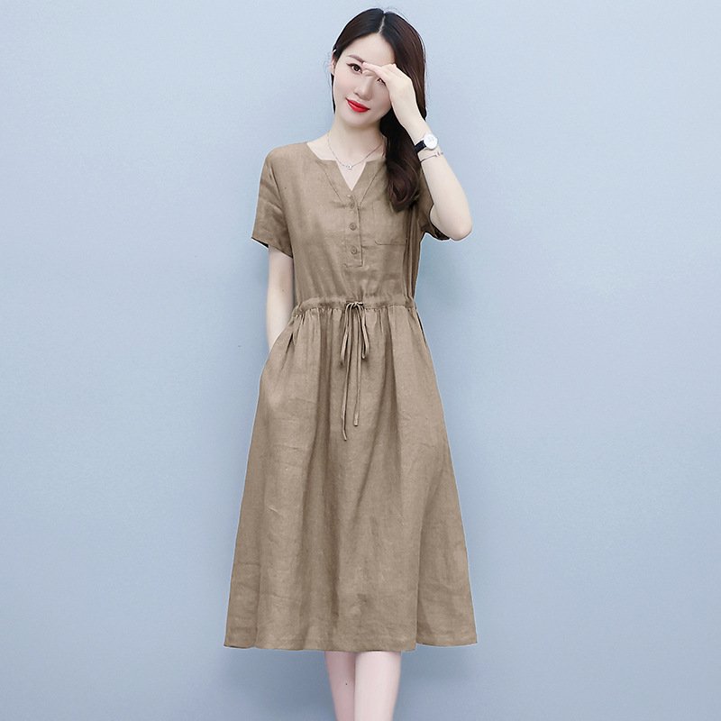 Đầm suông nữ vải Linen rút eo cổ V tay ngắn da218