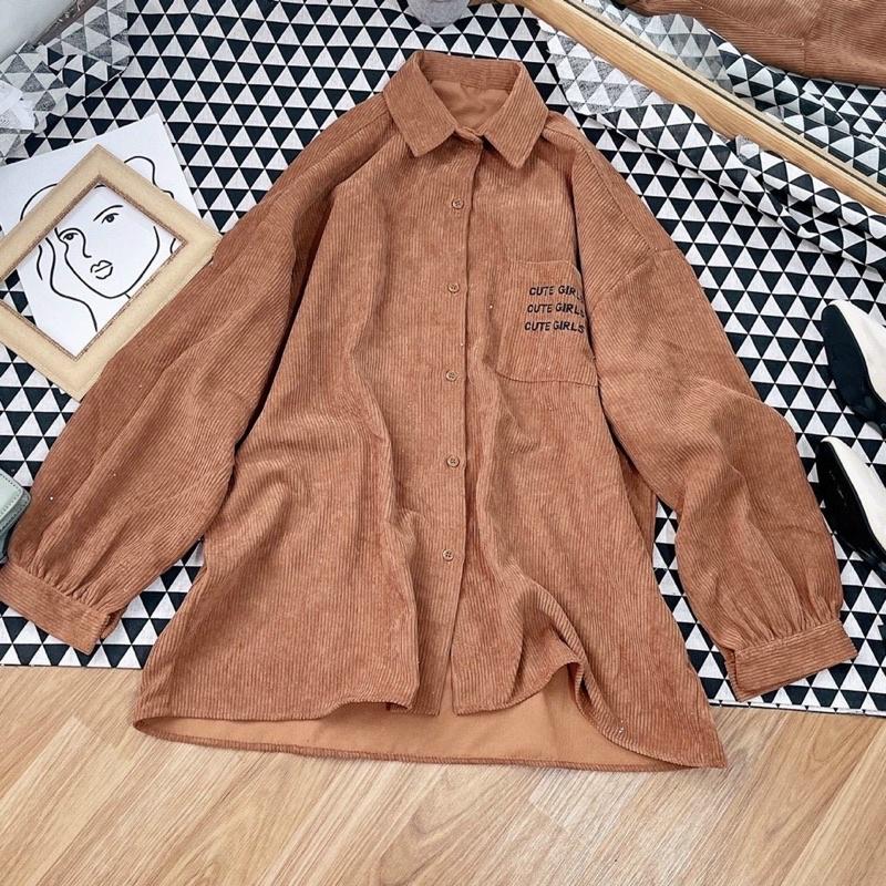 ÁO SƠMI NHUNG OVER SIZE THÊU CHỮ