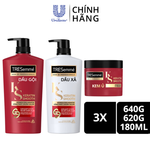 Combo Dầu gội, Dầu xả & Kem ủ TRESEMME Keratin Smooth Dưỡng tóc vào nếp suôn mượt vào nếp suôn mượt Công thức chuẩn salon Hydrolyzed Keratin 640g, 620g, 180ml