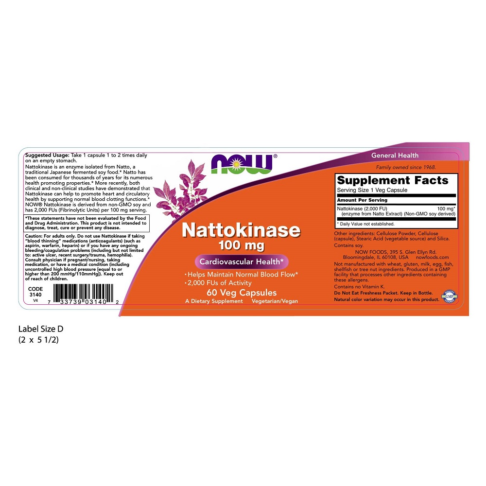Thực phẩm bảo vệ sức khỏe Nattokinase 100mg hãng Now foods USA Hỗ trợ điều trị tai biến và chống đột quỵ, phòng ngừa tai biến 