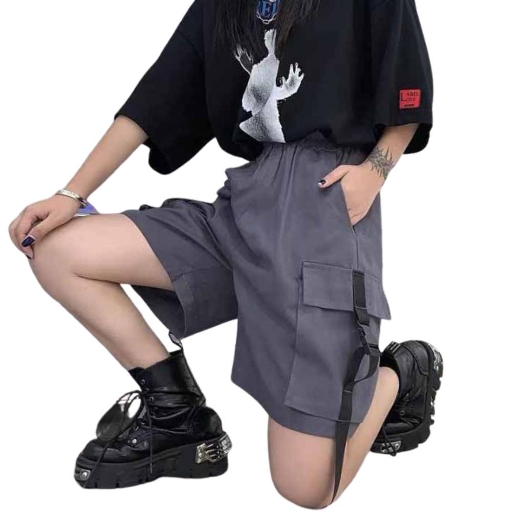 Quần Short Kaki Túi Hộp bên khóa dây gài nam nữ - Sọt Lững Kiểu Dáng Thể Thao Unisex hai Màu Đen,xám 03x.