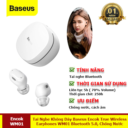 Tai Nghe Không Dây Encok True Wireless Earphones WM01 Bluetooth 5.0 Chống Nước - Hàng Chính Hãng Baseus