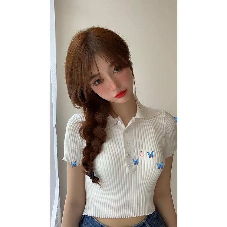 Áo croptop dệt kim tay ngắn cổ polo thời trang Hàn Quốc thanh lịch