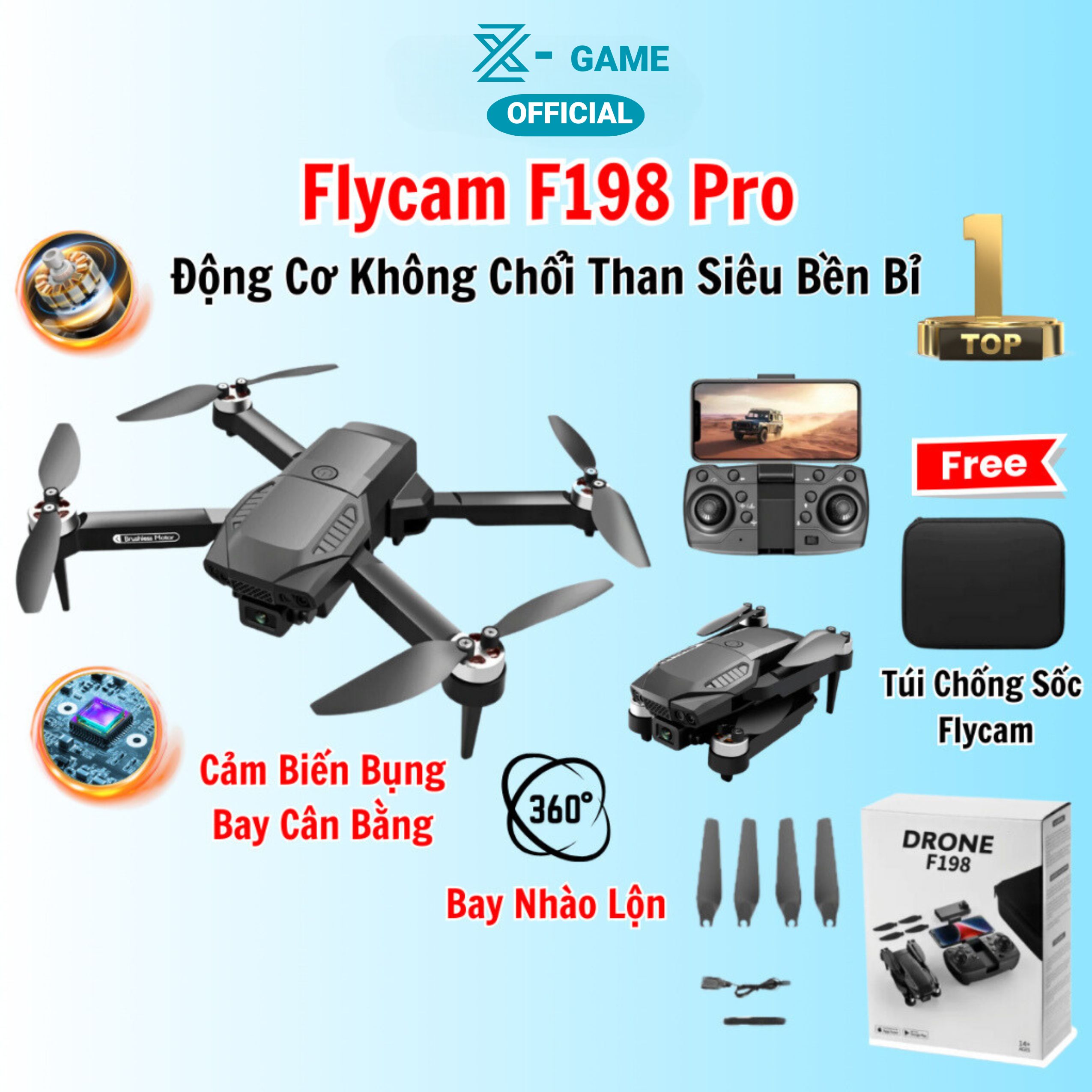 Máy bay Flycam mini 4k giá rẻ Drone F198 có 2 camera kép HD động cơ không chổi than siêu bền chịu mọi va đập, nhào lộn 360 độ Tặng túi đựng chống sốc - Hàng chính hãng