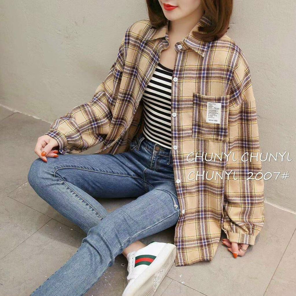 Áo sơ mi kẻ form rộng phong cách Hàn Quốc hàng Quảng Châu