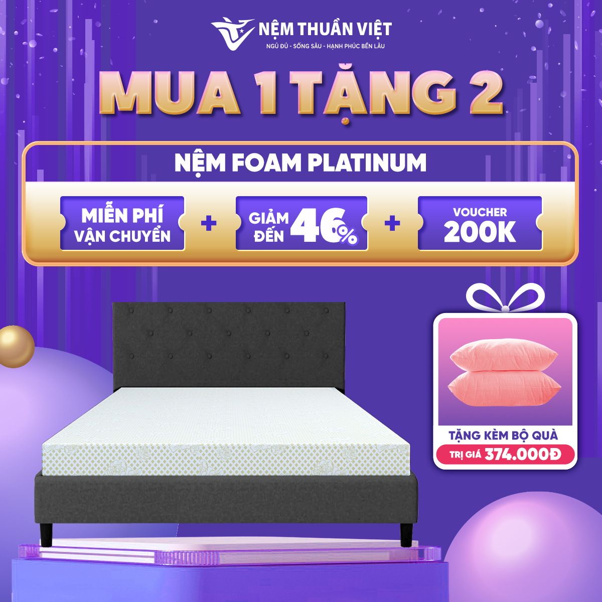 (1m8x2mx20cm) Nệm Foam Cao Cấp Thuần Việt Platinum Công Nghệ Hoa Kỳ, Kháng Khuẩn Tối Ưu