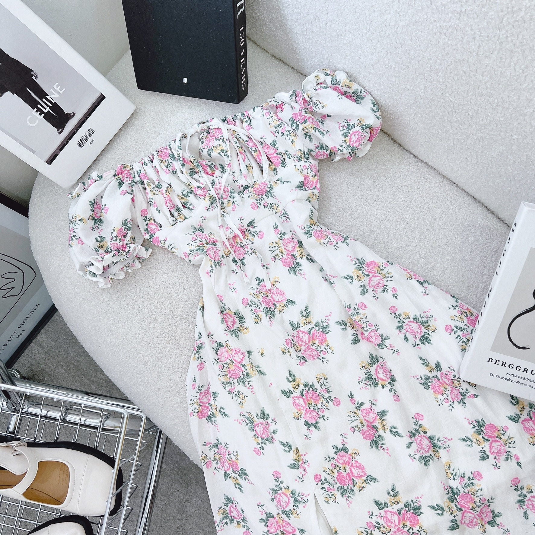 Đầm maxi hoa nhí xẻ đùi - đầm trễ vai maxi mang được 2 kiểu