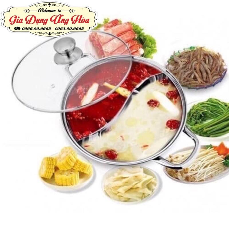 Nồi lẩu 2 ngăn 32cm, nấu được bếp từ nhé có nắp kính