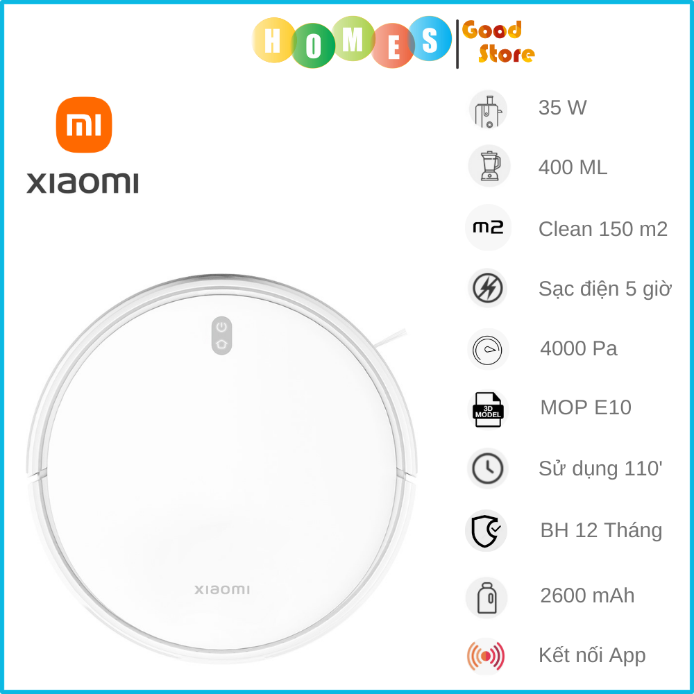 Robot Hút Bụi Lau Nhà Xiaomi Vaccum Mop E10 - Bản 2023 Công Nghệ Dẫn Đường LDS Laser Làm Sạch Sát Tường Có Cảm Biến Chống Rơi Chống Va Đập Điều Khiển Giọng Nói Và Kết Nối App Diện Tích Hoạt Động 150m2 Lực Hút 4000 Pa- Hàng Chính Hãng