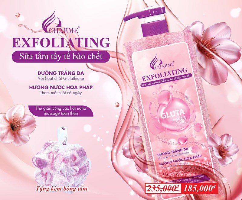 Sữa tắm tẩy tế bào chết, Charme Exfoliating, chiết xuất thiên nhiên, dưỡng trắng, làn da mềm mịn, 900ml