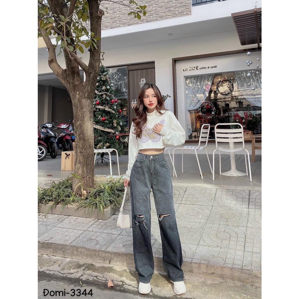 Quần Jean Nữ Ống Rộng Lưng Cao Rách Gối Phong Cách Ulzzang Năng Động, Chất Bò Dày Dặn 2 Màu Xanh Và Xám NB Stores