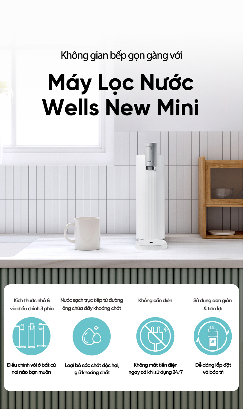 Máy Lọc Nước Wells New Mini, Thiết Kế Nhỏ Gọn, Tankless Không Bình Chứa, Lọc Đa Tầng, Không dùng điện - Hàng chính hãng