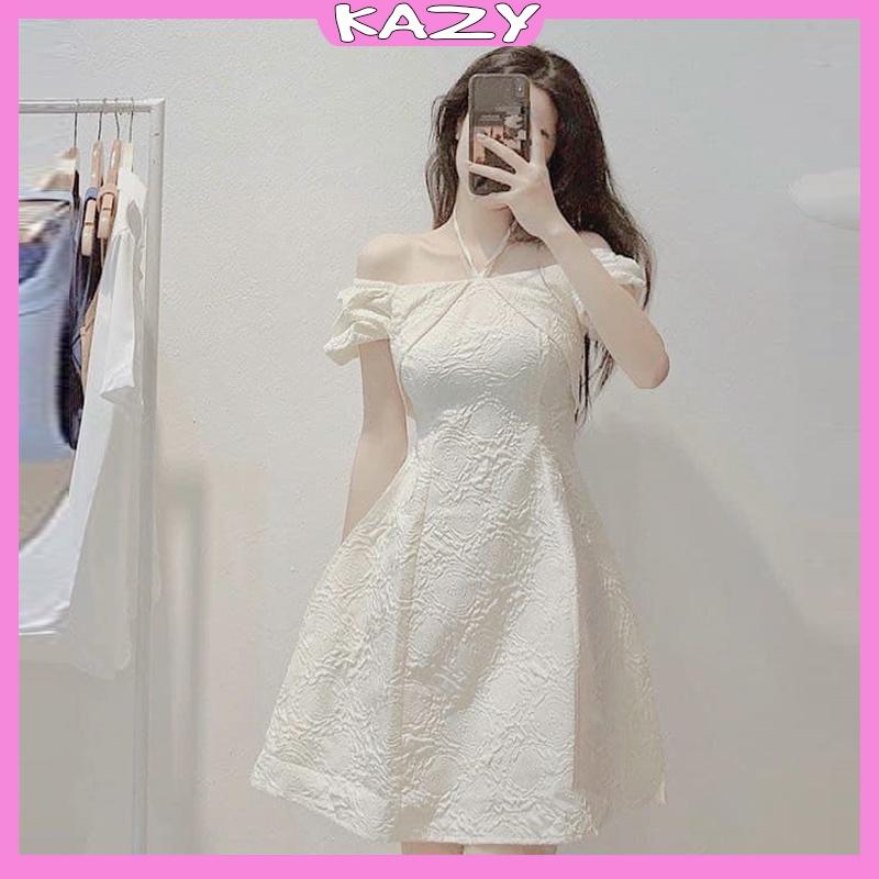 Váy trắng tiểu thư tay bồng, Váy trắng dự tiệc hoa văn xốp KAZY STORE V15